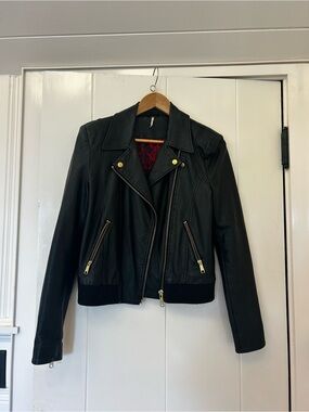 Free People Black Leather Moto Jacket with Gold Hardware